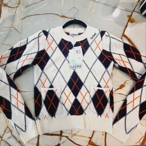 NWT GANNI Wool/Cashmere blend Puffed Shoulder Playful Argyle Sweater (Small)